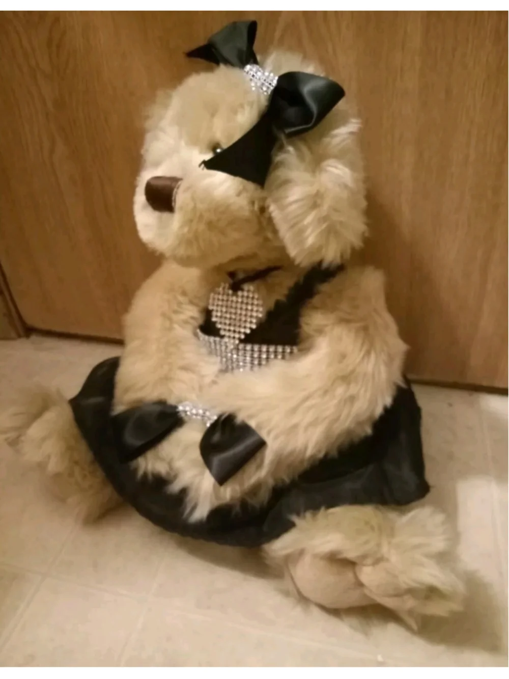 Vintage Adorable Floral Services Plush Tan Brown Teddy Bear 12” Black Dress